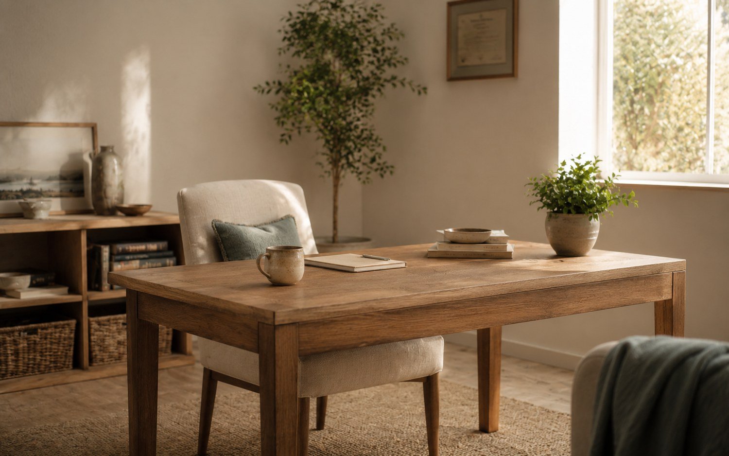 A calm, well-ordered professional workspace with natural light and clean lines