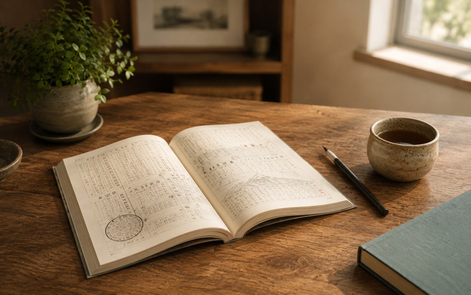 An open traditional Chinese almanac with a brush pen and tea on a warm wooden desk in soft daylight