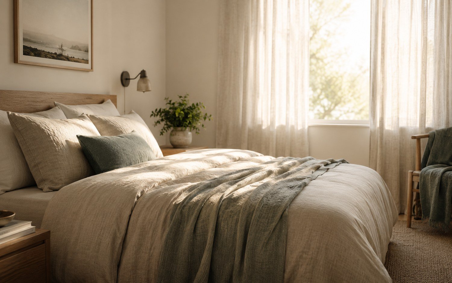 A calm, restful bedroom in soft morning light, with linen bedding in warm neutral tones and sheer curtains