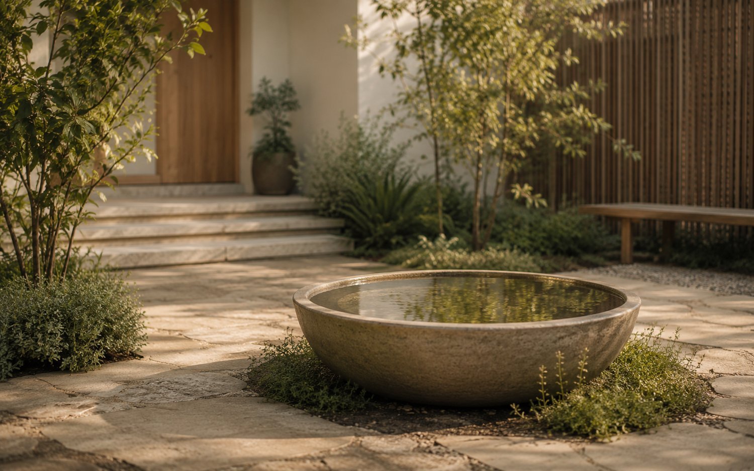 A still stone water bowl in a calm courtyard garden at golden hour, with natural planting and a timber entrance beyond