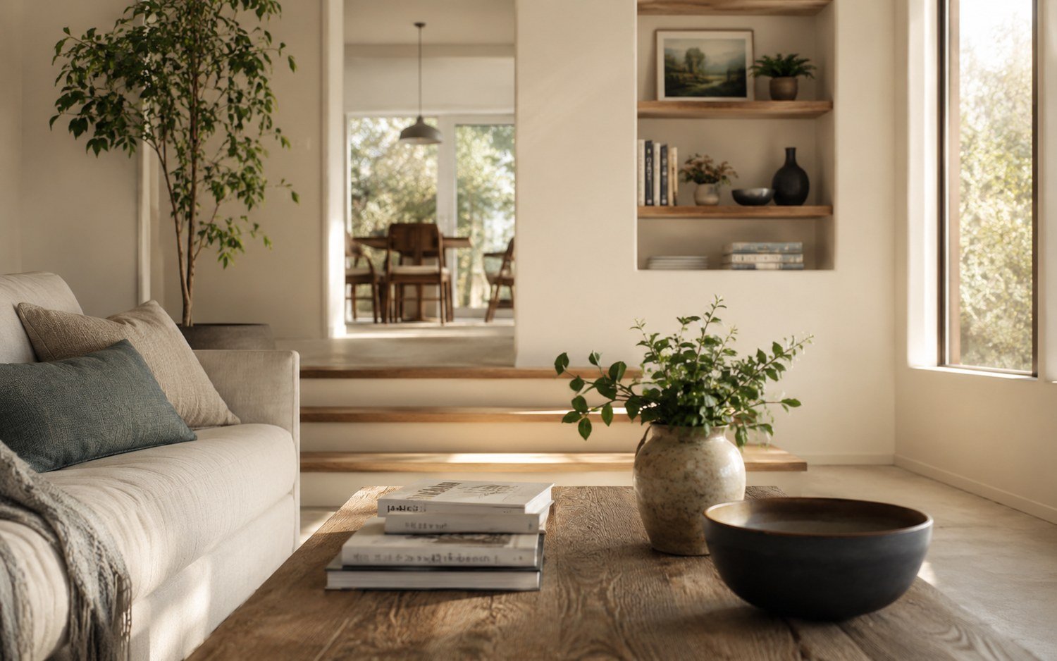 A calm, light-filled living space with warm natural materials, representing a home brought into balance