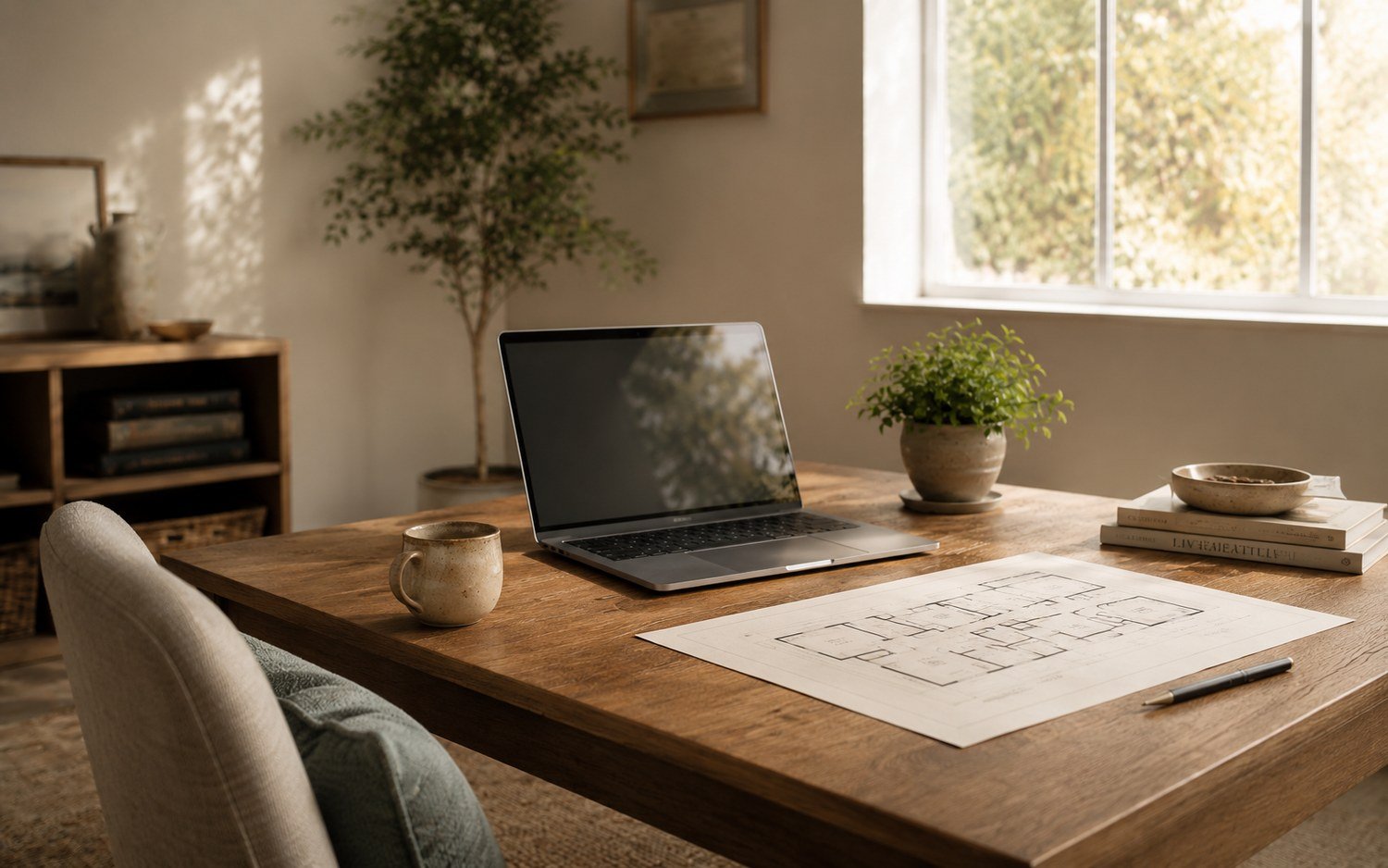 A calm desk by a window with a laptop, floor plan, and cup of tea in warm natural light, prepared for a remote consultation