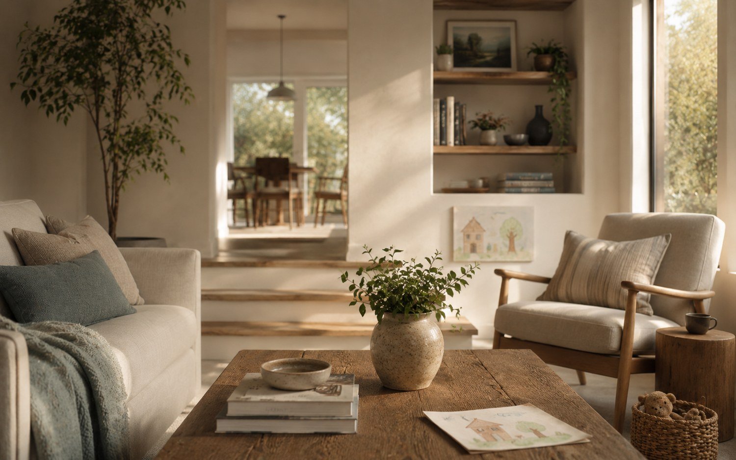 A warm, light-filled family living space with natural wood and neutral furnishings, a home in balance