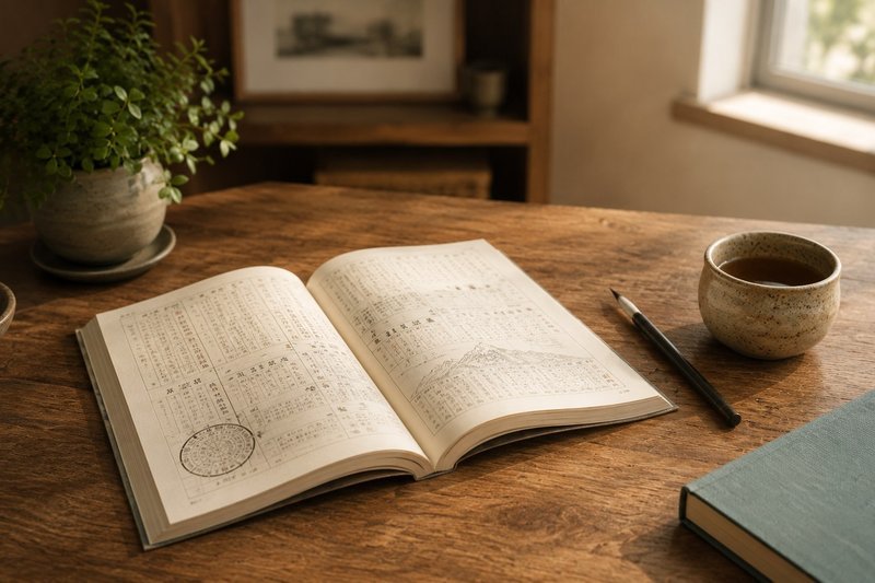 An open traditional Chinese almanac representing date selection