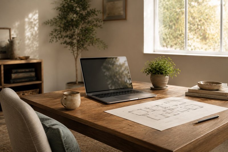 A desk with laptop and floor plan representing online Feng Shui consultation